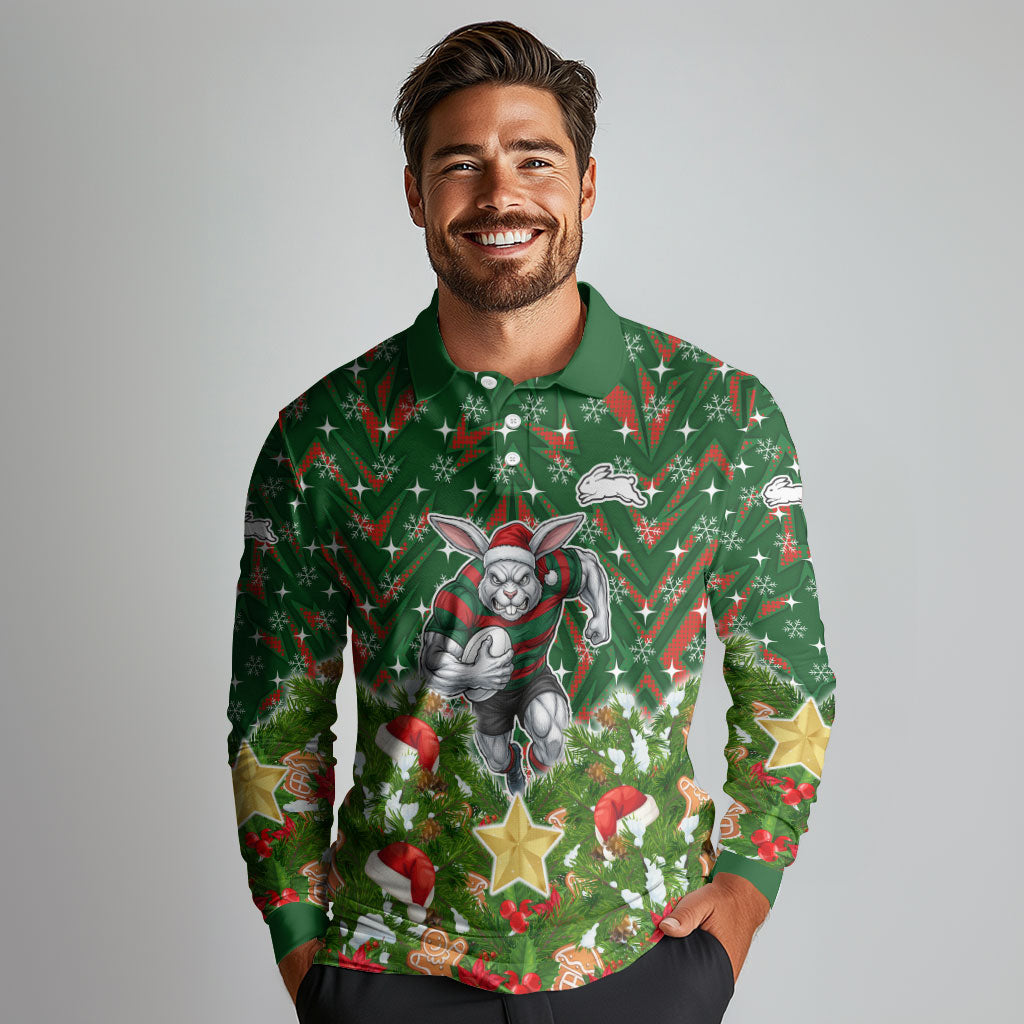 Personalised Rabbitohs Rugby Christmas Long Sleeve Polo Shirt Santa Rugby Mascot - Pine Wreath Festive