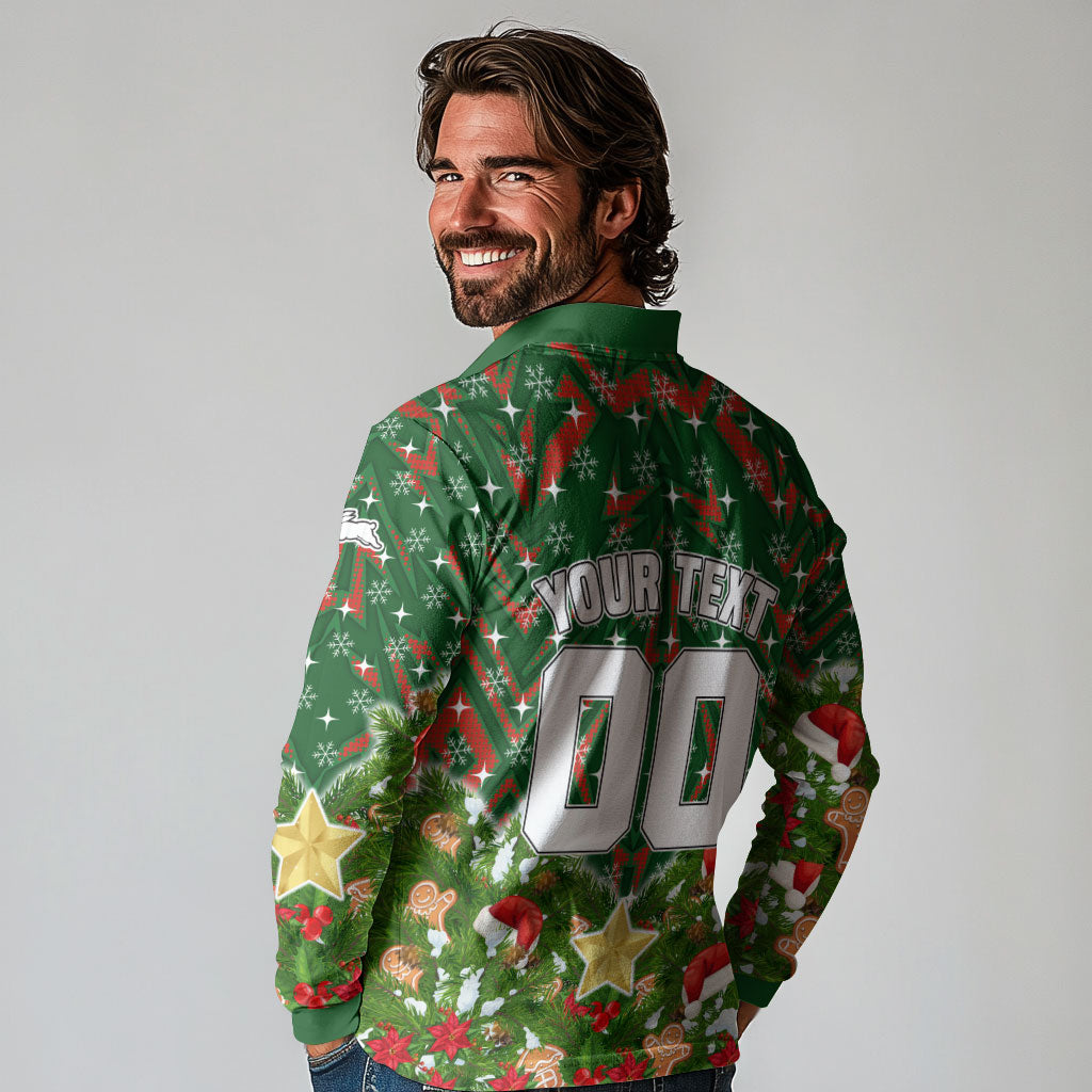 Personalised Rabbitohs Rugby Christmas Long Sleeve Polo Shirt Santa Rugby Mascot - Pine Wreath Festive