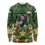 Personalised Rabbitohs Rugby Christmas Long Sleeve Shirt Santa Rugby Mascot - Pine Wreath Festive