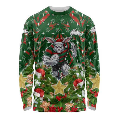 Personalised Rabbitohs Rugby Christmas Long Sleeve Shirt Santa Rugby Mascot - Pine Wreath Festive