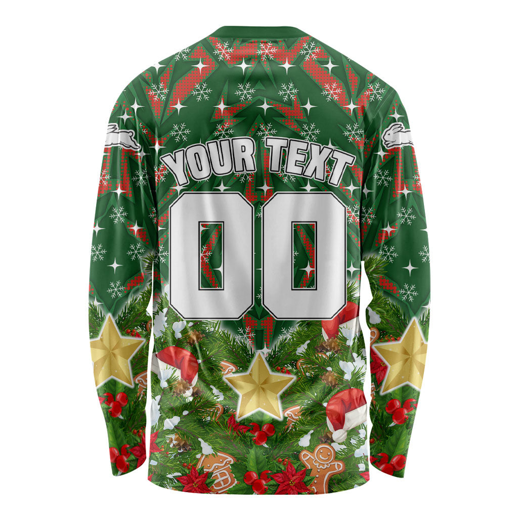Personalised Rabbitohs Rugby Christmas Long Sleeve Shirt Santa Rugby Mascot - Pine Wreath Festive