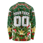 Personalised Rabbitohs Rugby Christmas Long Sleeve Shirt Santa Rugby Mascot - Pine Wreath Festive