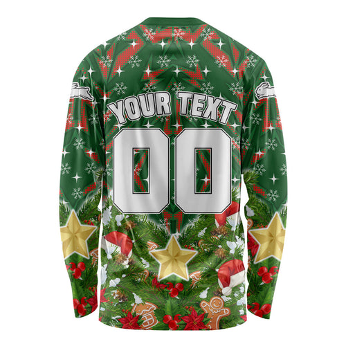 Personalised Rabbitohs Rugby Christmas Long Sleeve Shirt Santa Rugby Mascot - Pine Wreath Festive