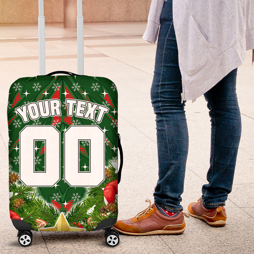 Personalised Rabbitohs Rugby Christmas Luggage Cover Santa Rugby Mascot - Pine Wreath Festive
