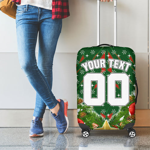 Personalised Rabbitohs Rugby Christmas Luggage Cover Santa Rugby Mascot - Pine Wreath Festive