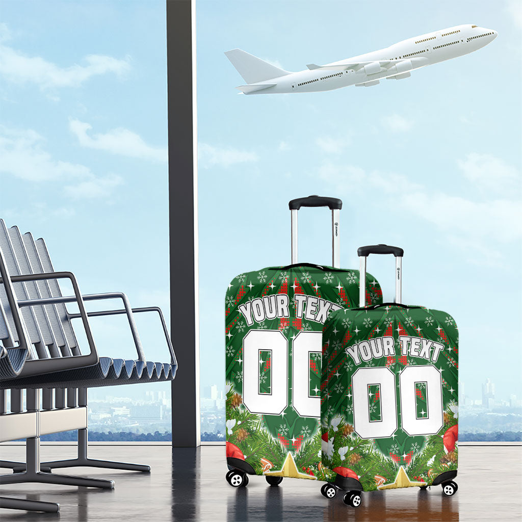 Personalised Rabbitohs Rugby Christmas Luggage Cover Santa Rugby Mascot - Pine Wreath Festive