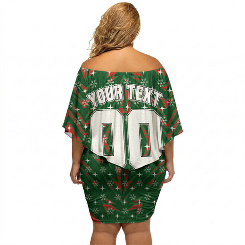 Personalised Rabbitohs Rugby Christmas Off Shoulder Short Dress Santa Rugby Mascot - Pine Wreath Festive