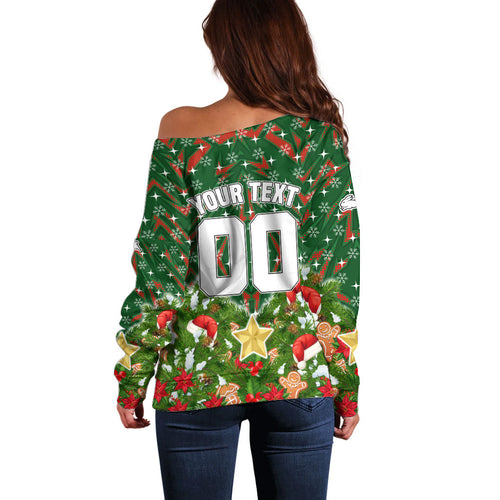 Personalised Rabbitohs Rugby Christmas Off Shoulder Sweater Santa Rugby Mascot - Pine Wreath Festive
