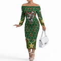 Personalised Rabbitohs Rugby Christmas Off The Shoulder Long Sleeve Dress Santa Rugby Mascot - Pine Wreath Festive