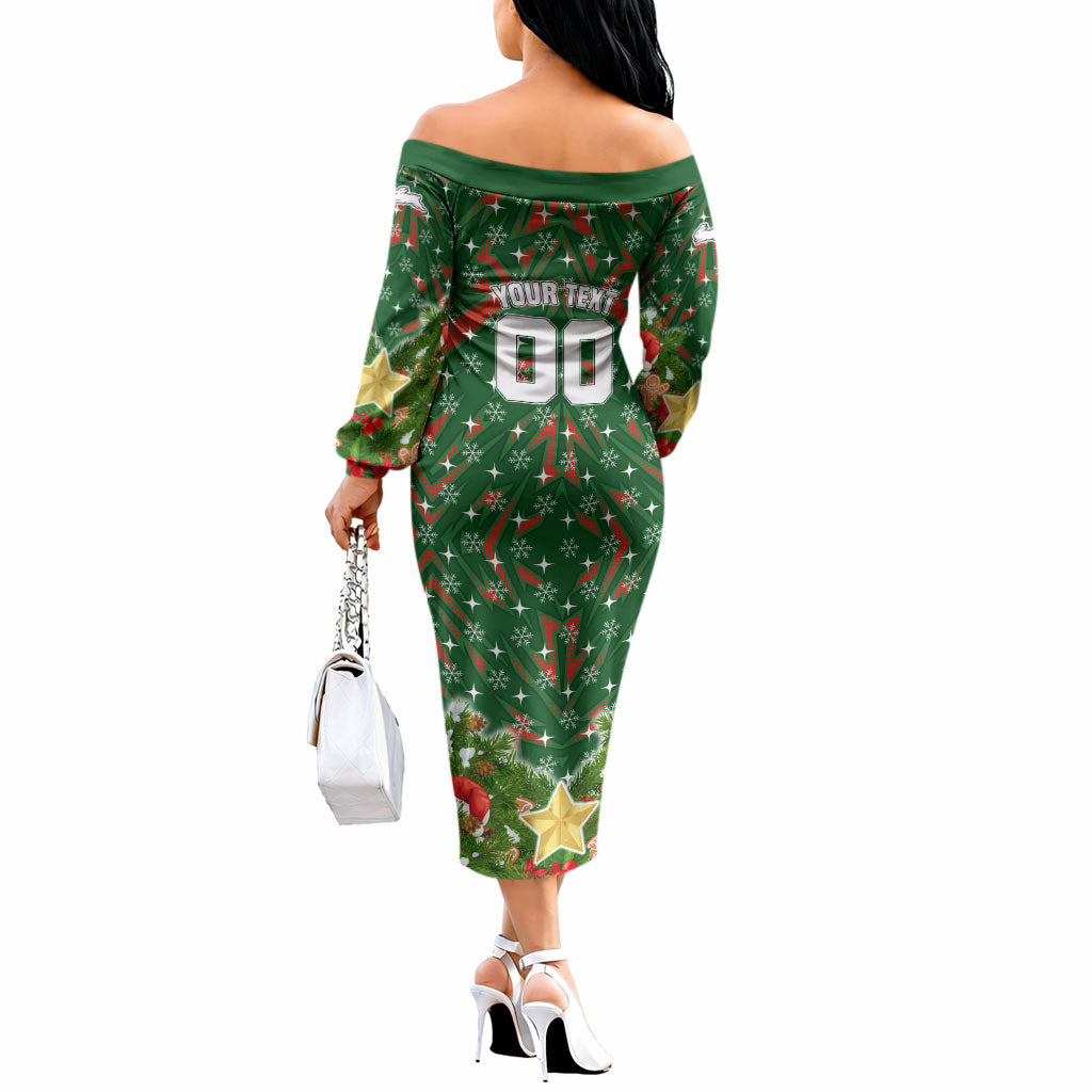 Personalised Rabbitohs Rugby Christmas Off The Shoulder Long Sleeve Dress Santa Rugby Mascot - Pine Wreath Festive