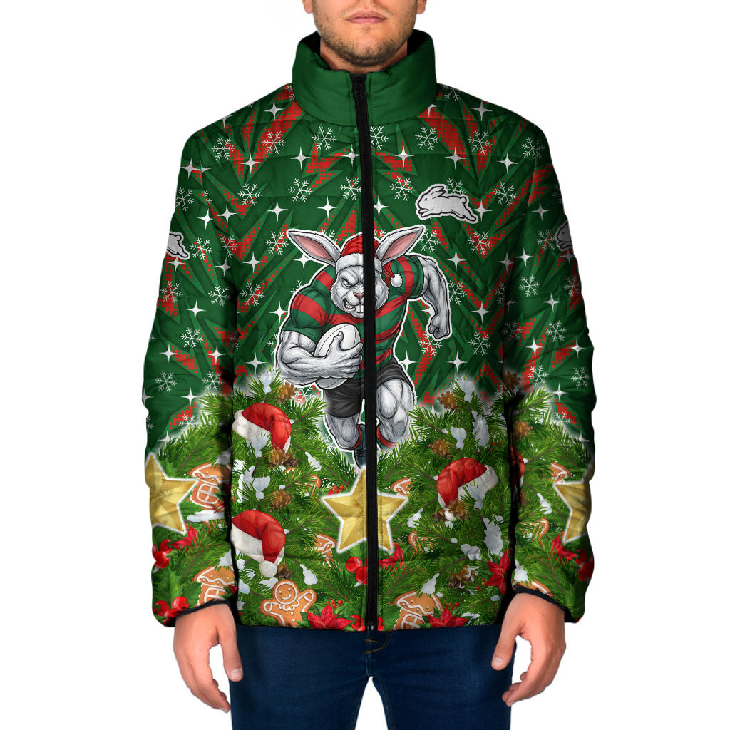 Personalised Rabbitohs Rugby Christmas Padded Jacket Santa Rugby Mascot - Pine Wreath Festive