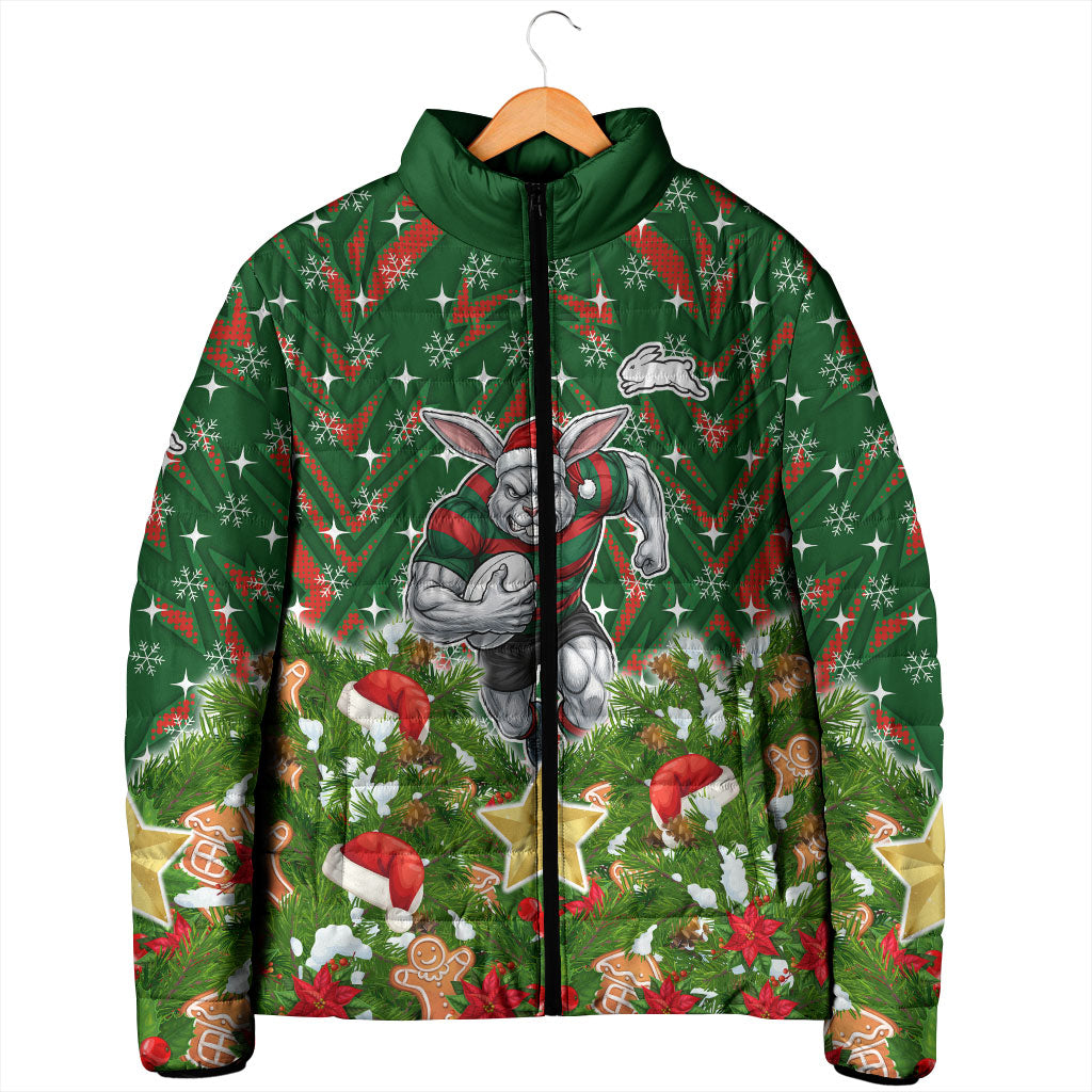 Personalised Rabbitohs Rugby Christmas Padded Jacket Santa Rugby Mascot - Pine Wreath Festive