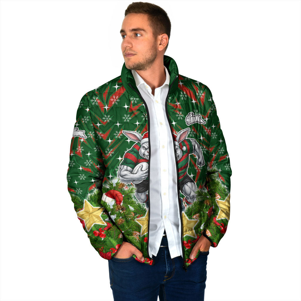 Personalised Rabbitohs Rugby Christmas Padded Jacket Santa Rugby Mascot - Pine Wreath Festive