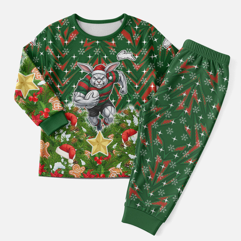 Personalised Rabbitohs Rugby Christmas Pajama Set Santa Rugby Mascot - Pine Wreath Festive