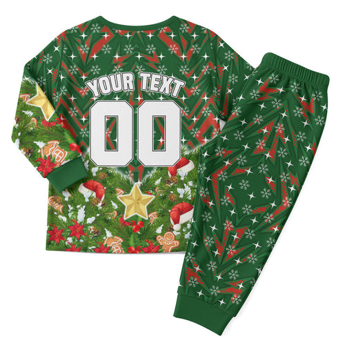 Personalised Rabbitohs Rugby Christmas Pajama Set Santa Rugby Mascot - Pine Wreath Festive