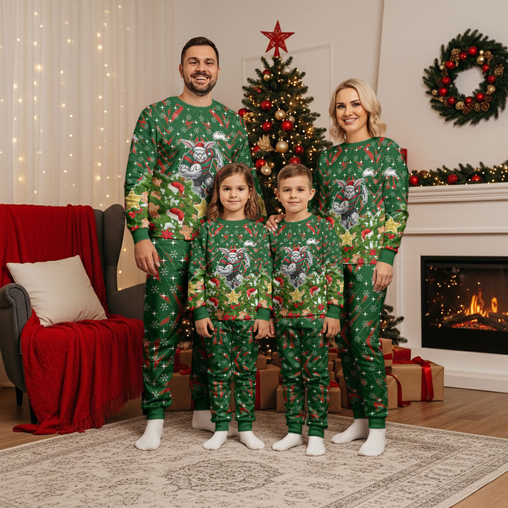 Personalised Rabbitohs Rugby Christmas Pajama Set Santa Rugby Mascot - Pine Wreath Festive