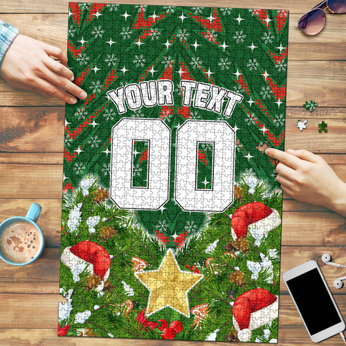 Personalised Rabbitohs Rugby Christmas Puzzle Santa Rugby Mascot - Pine Wreath Festive