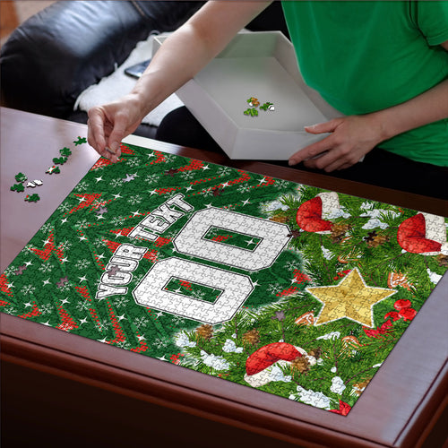 Personalised Rabbitohs Rugby Christmas Puzzle Santa Rugby Mascot - Pine Wreath Festive