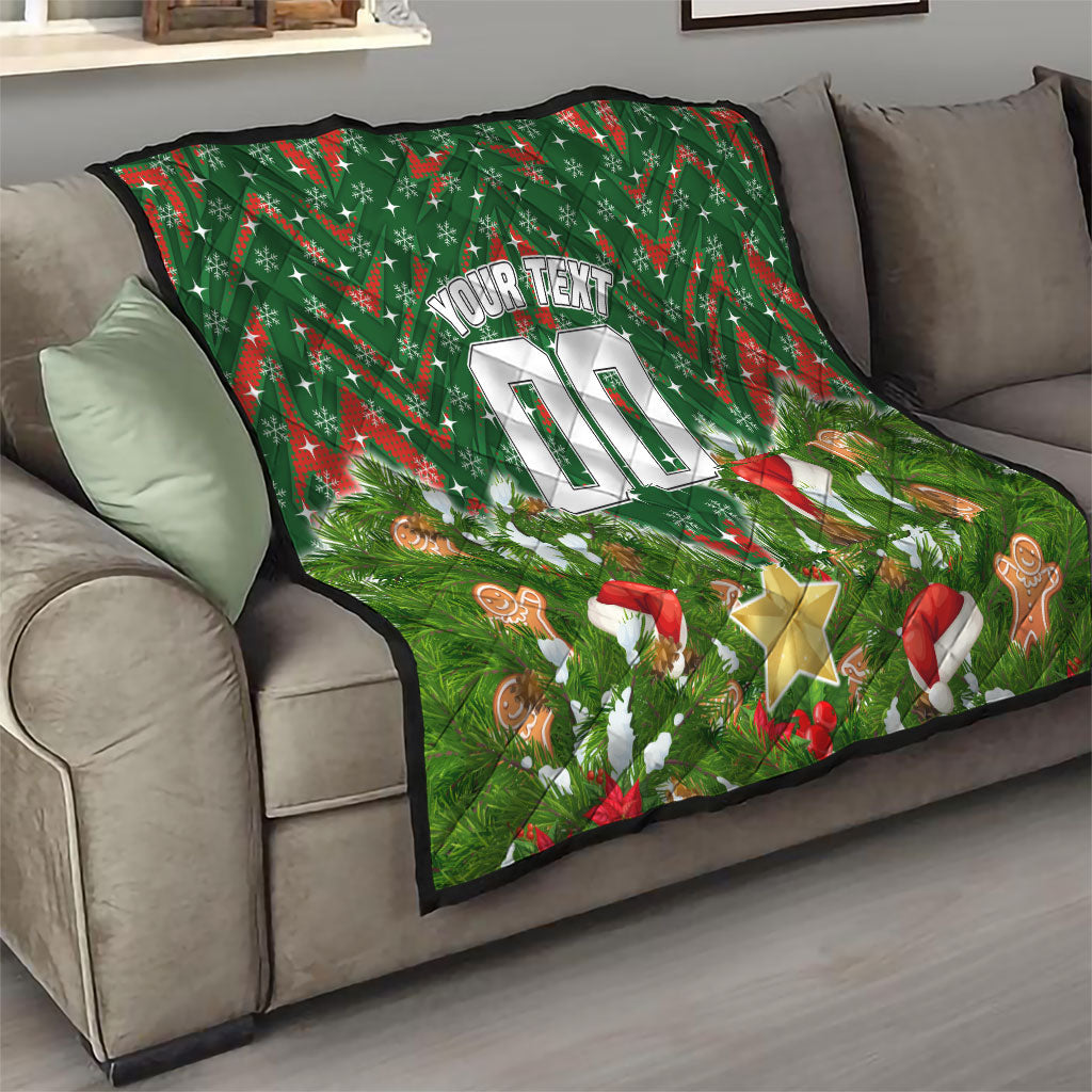 Personalised Rabbitohs Rugby Christmas Quilt Santa Rugby Mascot - Pine Wreath Festive