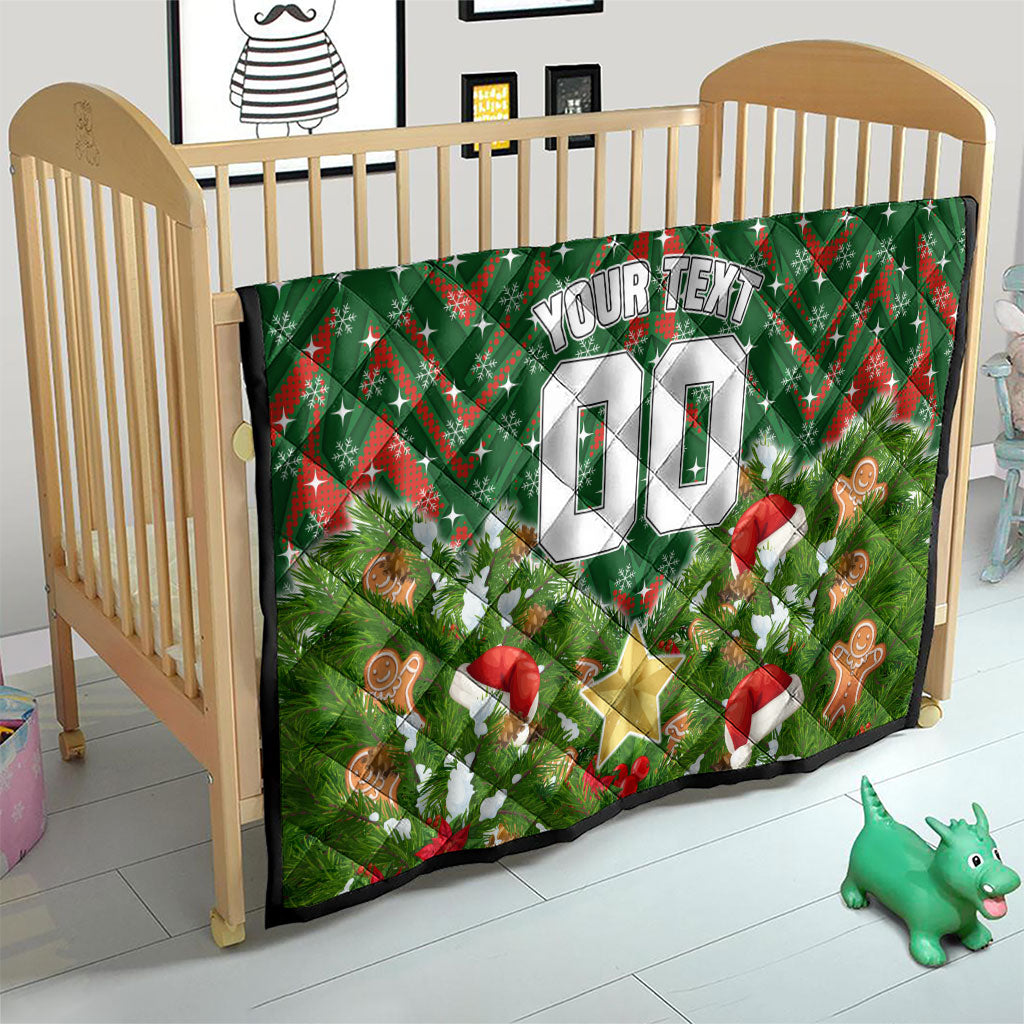 Personalised Rabbitohs Rugby Christmas Quilt Santa Rugby Mascot - Pine Wreath Festive