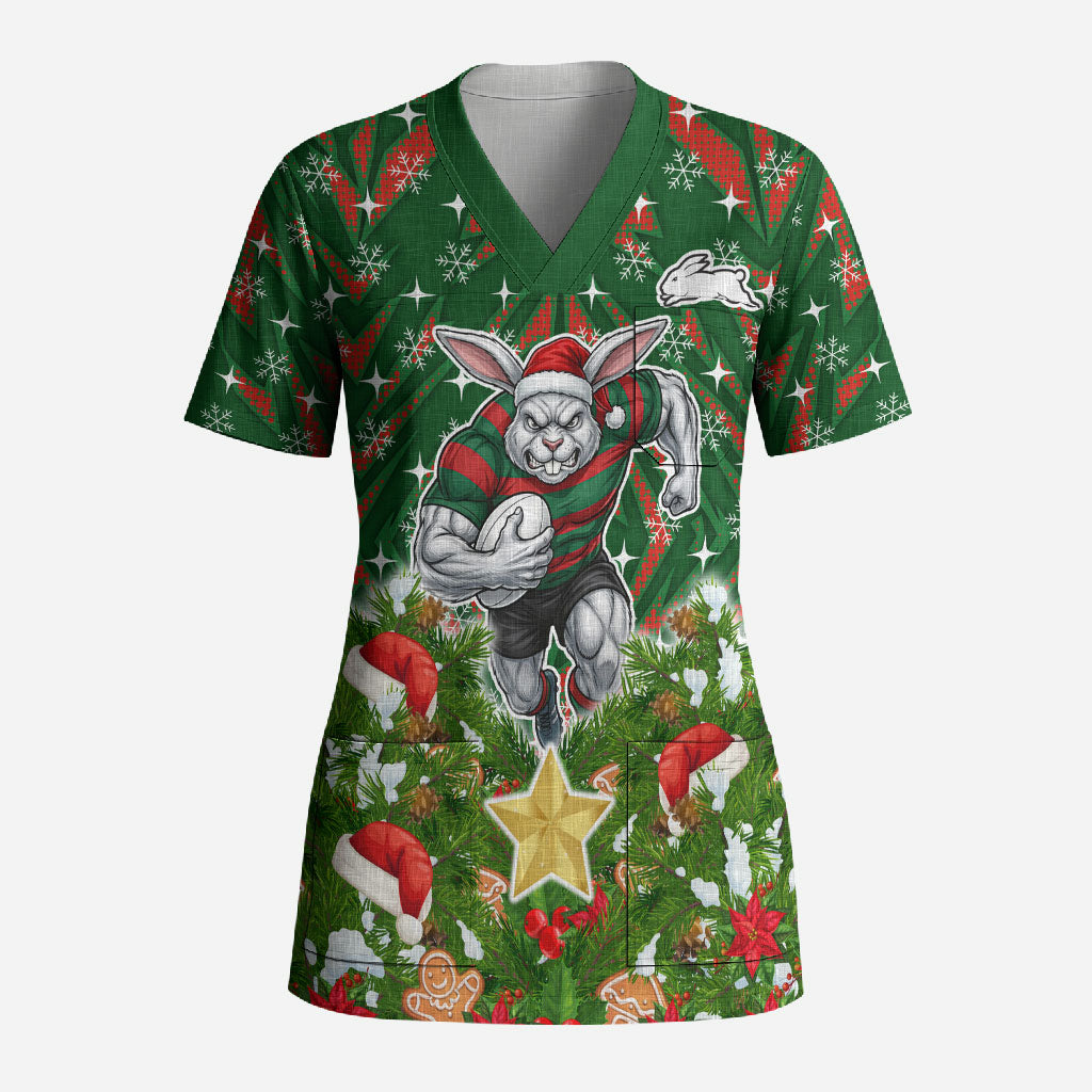Personalised Rabbitohs Rugby Christmas Scrub Top Santa Rugby Mascot - Pine Wreath Festive