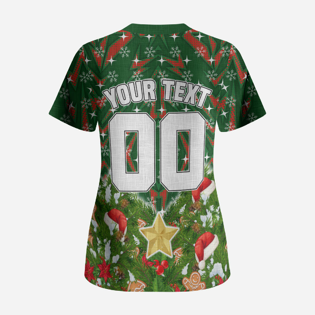 Personalised Rabbitohs Rugby Christmas Scrub Top Santa Rugby Mascot - Pine Wreath Festive