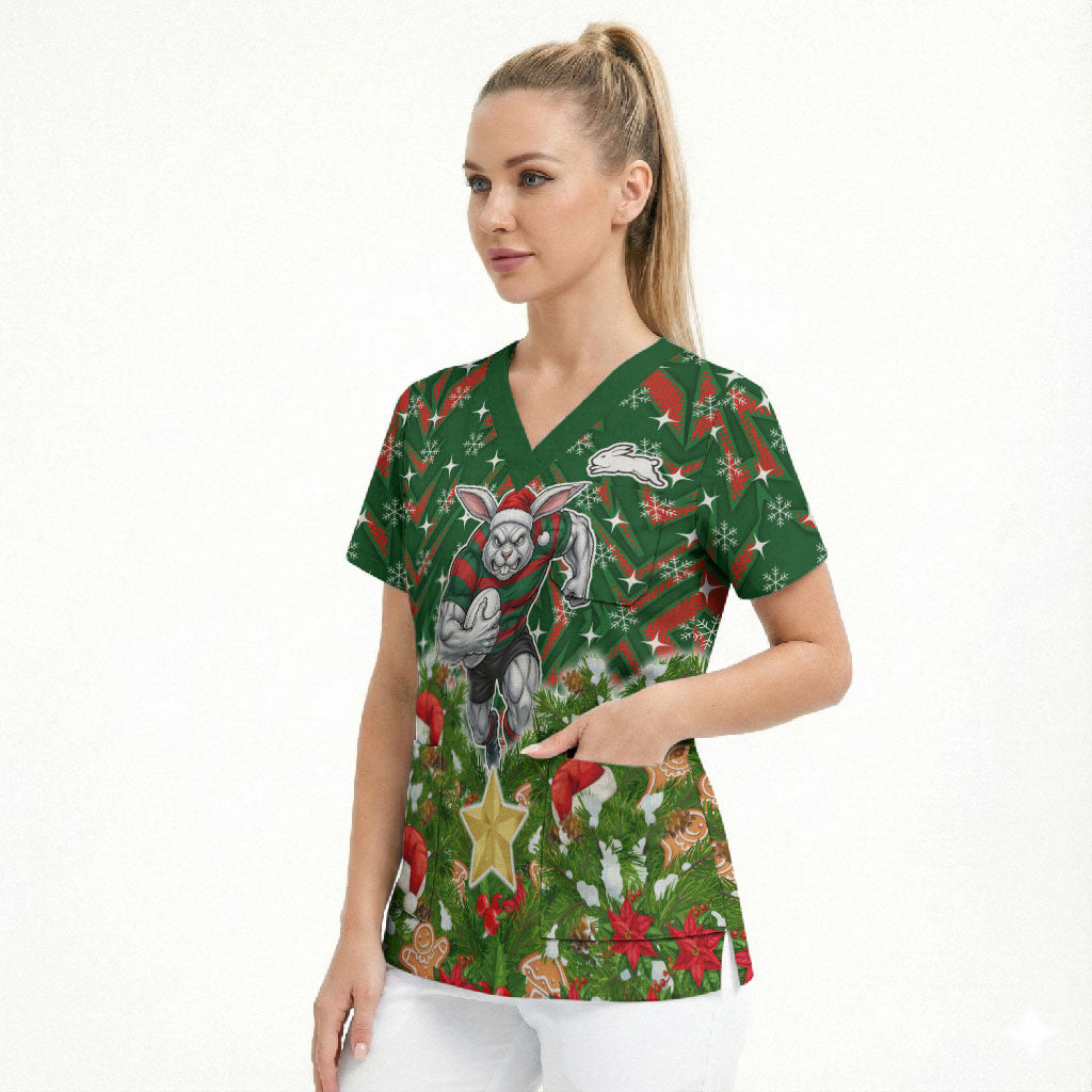 Personalised Rabbitohs Rugby Christmas Scrub Top Santa Rugby Mascot - Pine Wreath Festive
