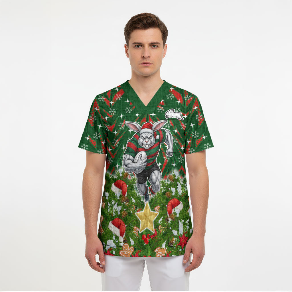 Personalised Rabbitohs Rugby Christmas Scrub Top Santa Rugby Mascot - Pine Wreath Festive
