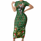Personalised Rabbitohs Rugby Christmas Short Sleeve Bodycon Dress Santa Rugby Mascot - Pine Wreath Festive