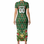 Personalised Rabbitohs Rugby Christmas Short Sleeve Bodycon Dress Santa Rugby Mascot - Pine Wreath Festive