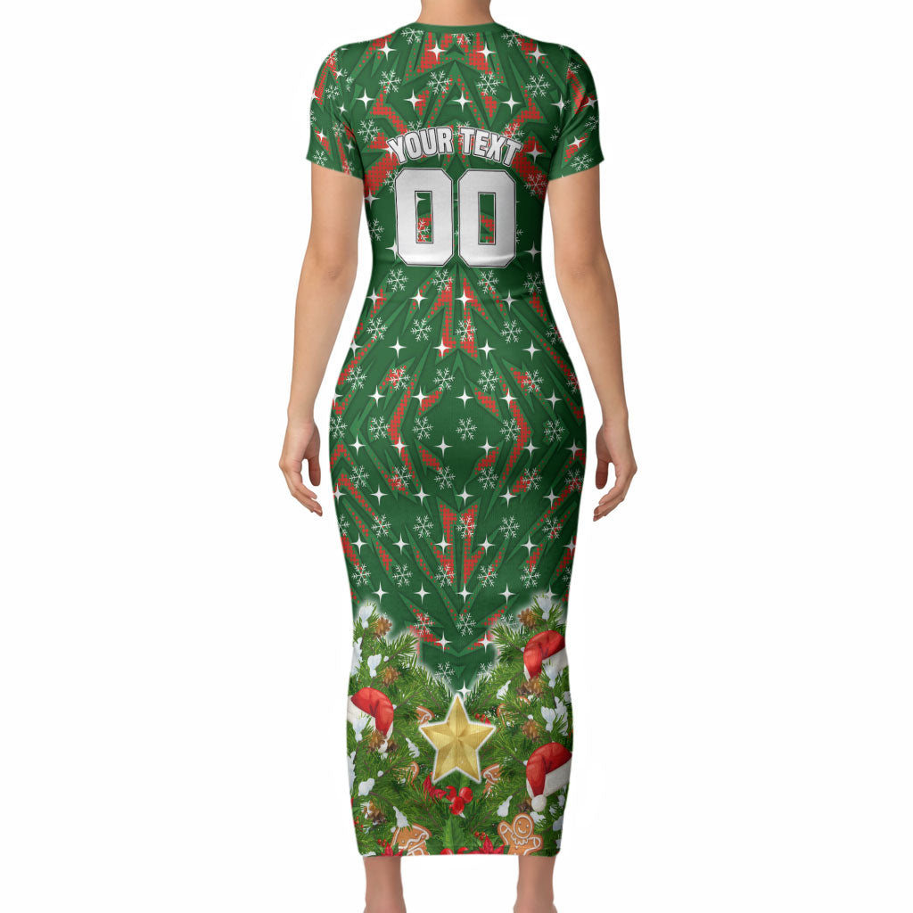 Personalised Rabbitohs Rugby Christmas Short Sleeve Bodycon Dress Santa Rugby Mascot - Pine Wreath Festive