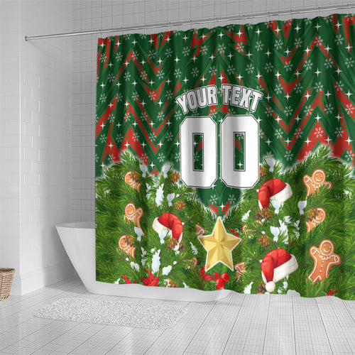 Personalised Rabbitohs Rugby Christmas Shower Curtain Santa Rugby Mascot - Pine Wreath Festive