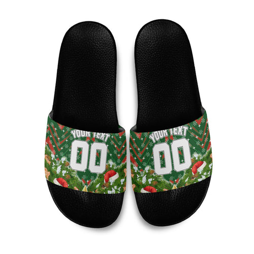 Personalised Rabbitohs Rugby Christmas Slide Sandals Santa Rugby Mascot - Pine Wreath Festive