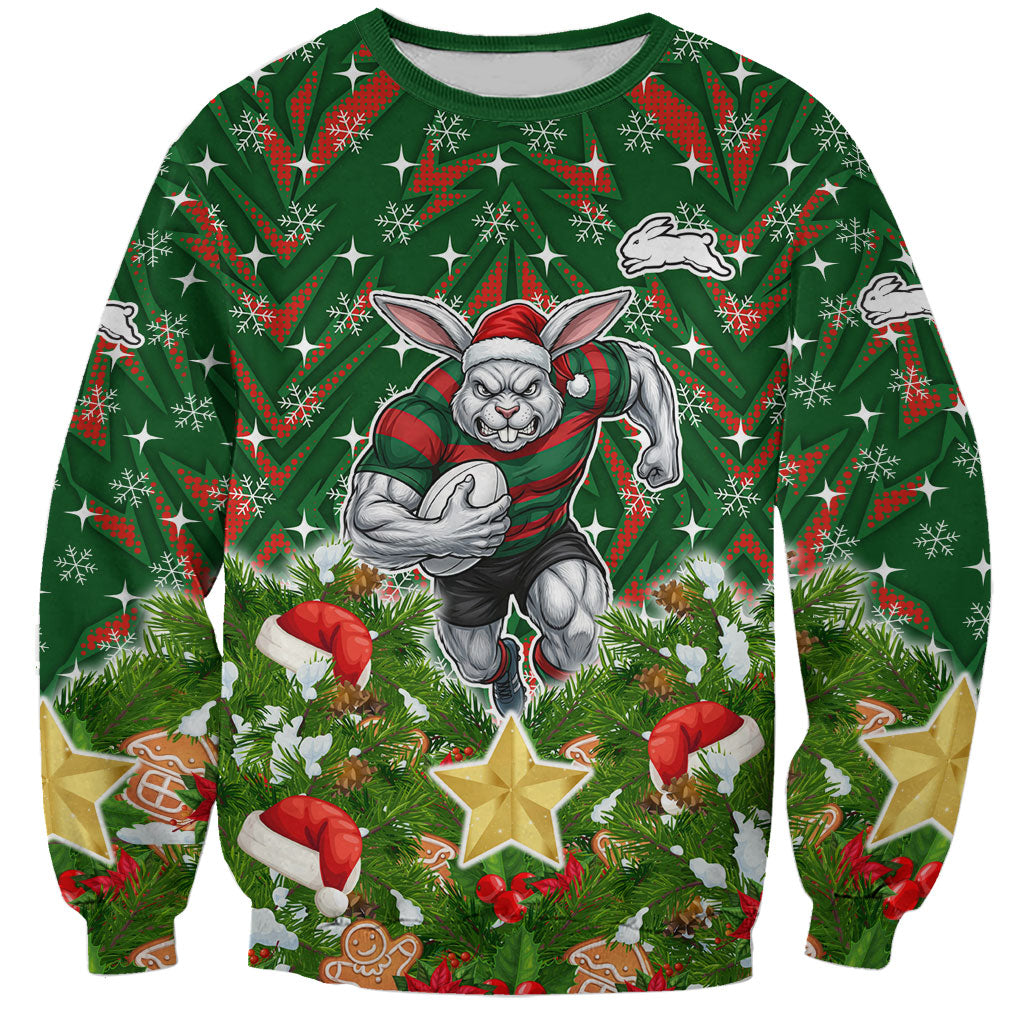 Personalised Rabbitohs Rugby Christmas Sweatshirt Santa Rugby Mascot - Pine Wreath Festive