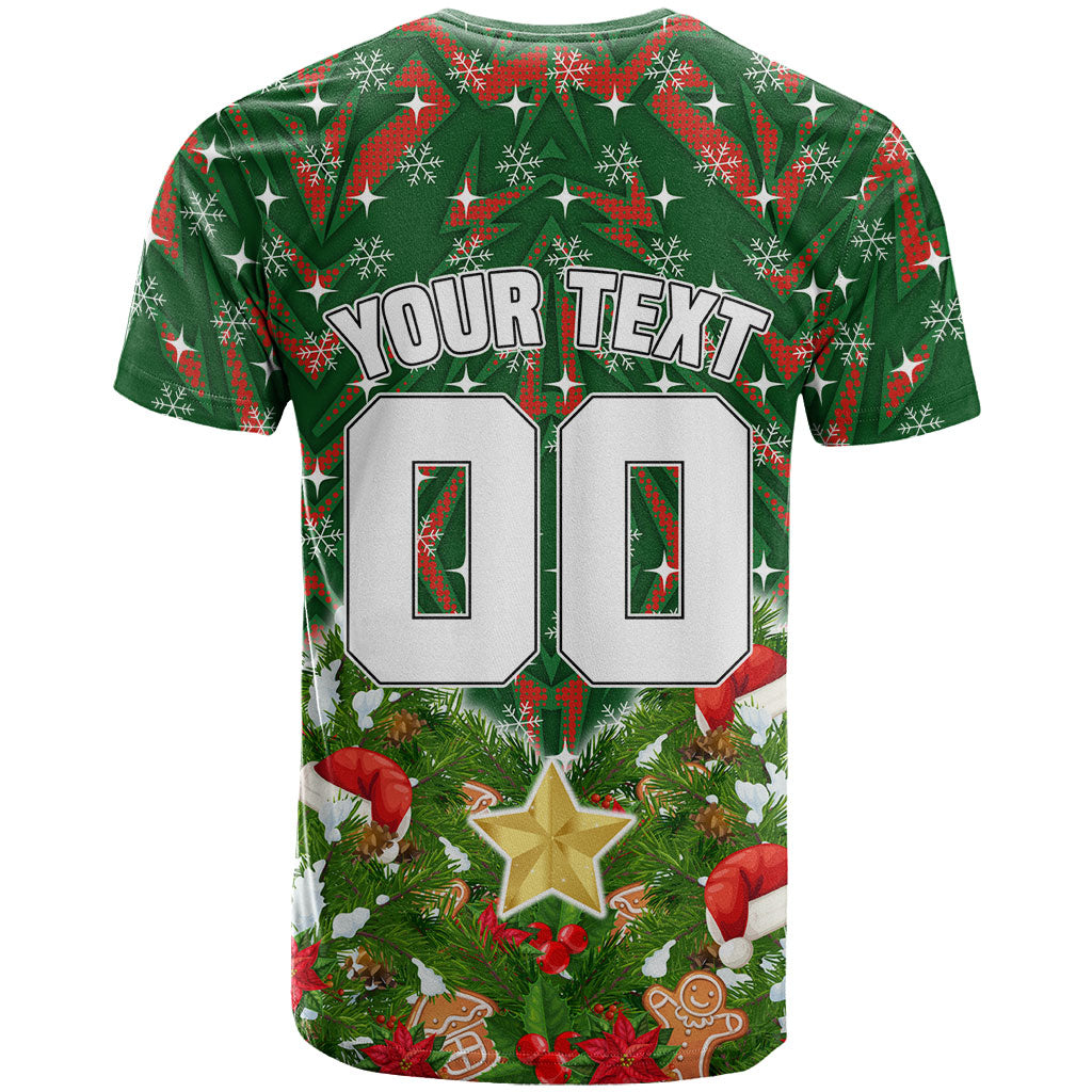 Personalised Rabbitohs Rugby Christmas T Shirt Santa Rugby Mascot - Pine Wreath Festive