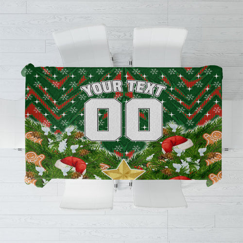Personalised Rabbitohs Rugby Christmas Tablecloth Santa Rugby Mascot - Pine Wreath Festive