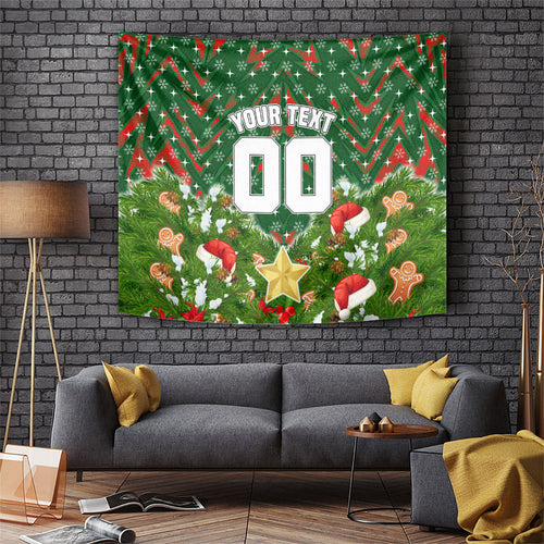 Personalised Rabbitohs Rugby Christmas Tapestry Santa Rugby Mascot - Pine Wreath Festive