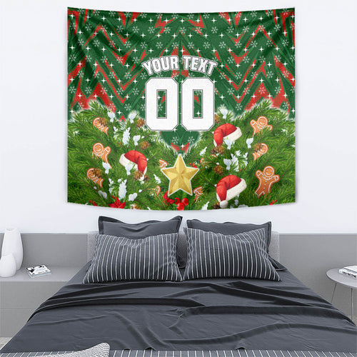 Personalised Rabbitohs Rugby Christmas Tapestry Santa Rugby Mascot - Pine Wreath Festive