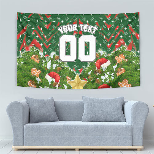 Personalised Rabbitohs Rugby Christmas Tapestry Santa Rugby Mascot - Pine Wreath Festive