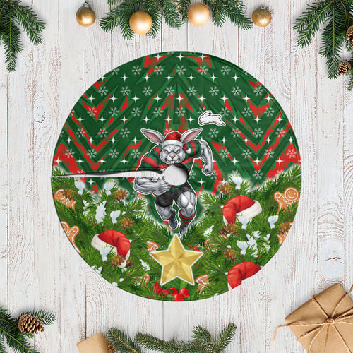 Rabbitohs Rugby Christmas Tree Skirt Santa Rugby Mascot - Pine Wreath Festive