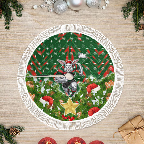 Rabbitohs Rugby Christmas Tree Skirt Santa Rugby Mascot - Pine Wreath Festive