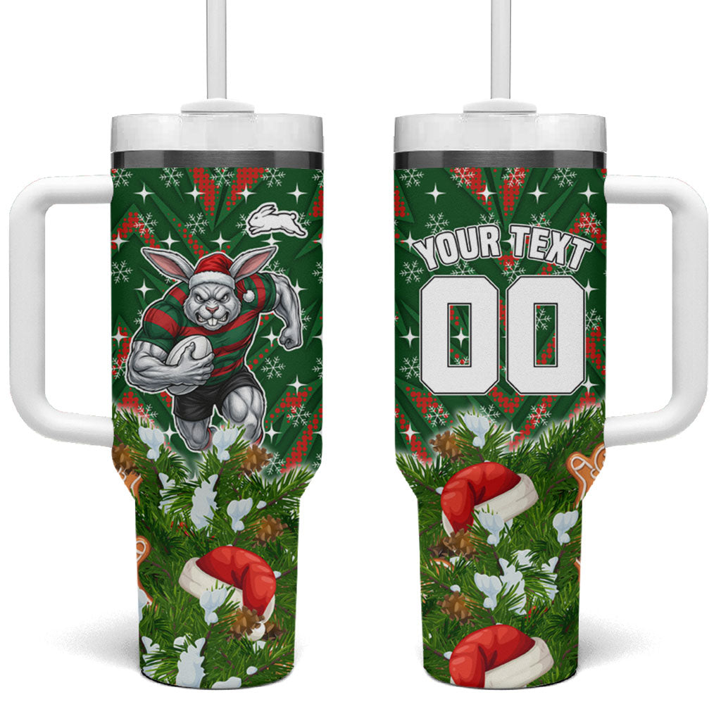 Personalised Rabbitohs Rugby Christmas Tumbler With Handle Santa Rugby Mascot - Pine Wreath Festive