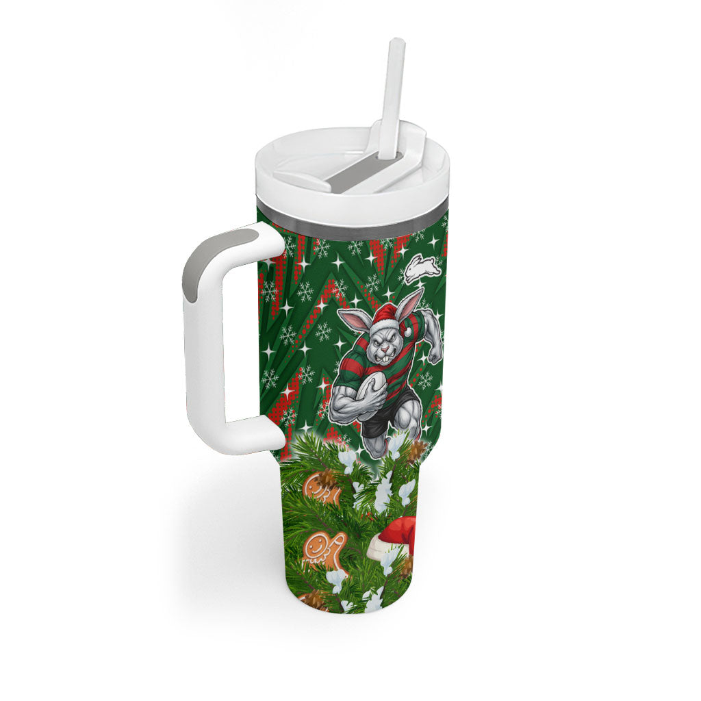 Personalised Rabbitohs Rugby Christmas Tumbler With Handle Santa Rugby Mascot - Pine Wreath Festive
