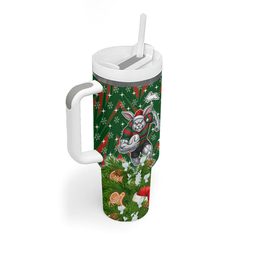 Personalised Rabbitohs Rugby Christmas Tumbler With Handle Santa Rugby Mascot - Pine Wreath Festive