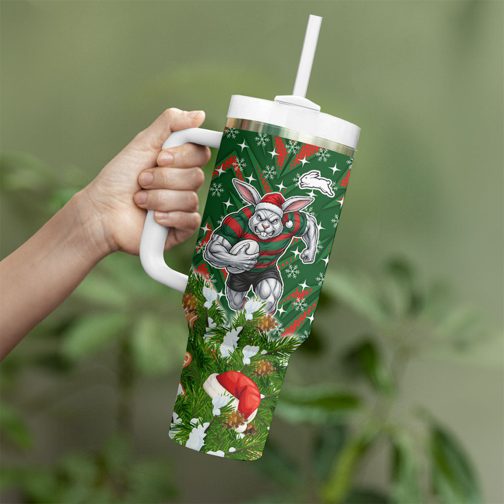 Personalised Rabbitohs Rugby Christmas Tumbler With Handle Santa Rugby Mascot - Pine Wreath Festive
