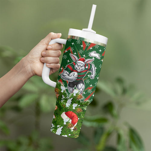 Personalised Rabbitohs Rugby Christmas Tumbler With Handle Santa Rugby Mascot - Pine Wreath Festive