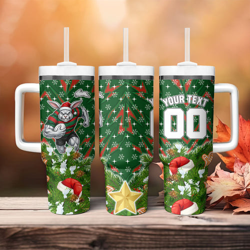 Personalised Rabbitohs Rugby Christmas Tumbler With Handle Santa Rugby Mascot - Pine Wreath Festive