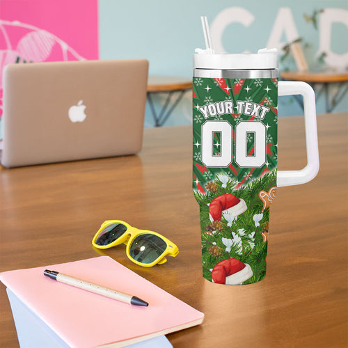 Personalised Rabbitohs Rugby Christmas Tumbler With Handle Santa Rugby Mascot - Pine Wreath Festive