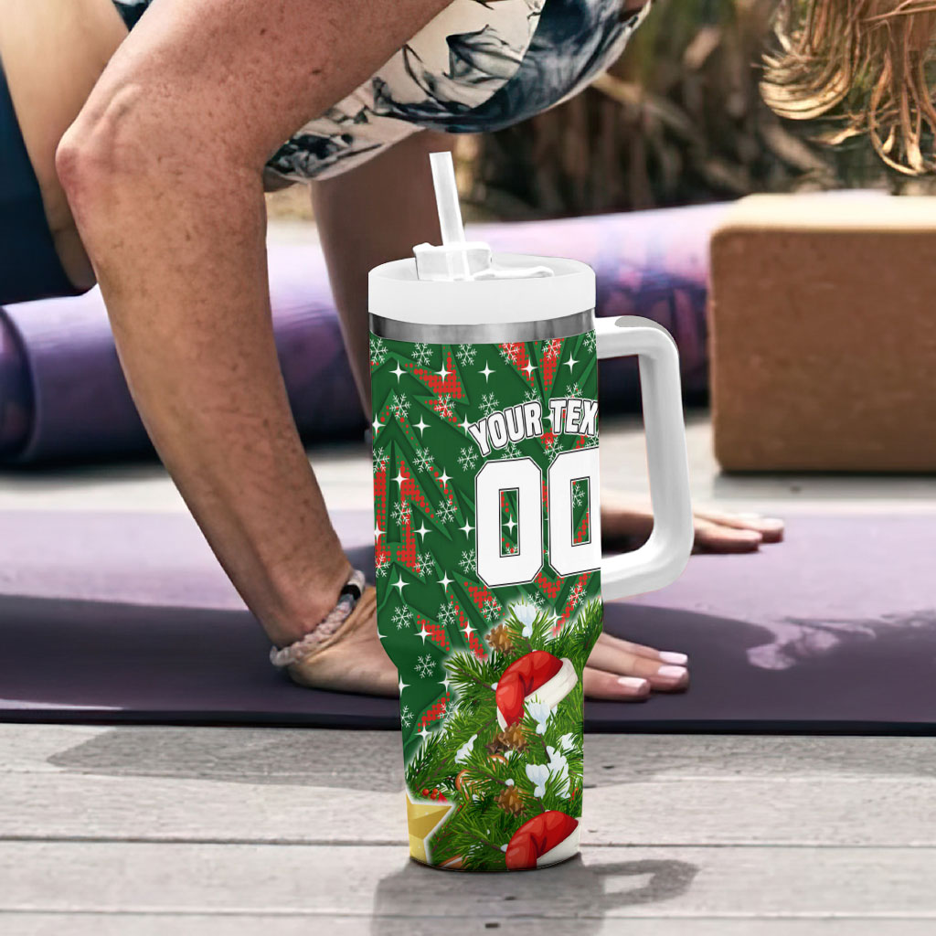 Personalised Rabbitohs Rugby Christmas Tumbler With Handle Santa Rugby Mascot - Pine Wreath Festive