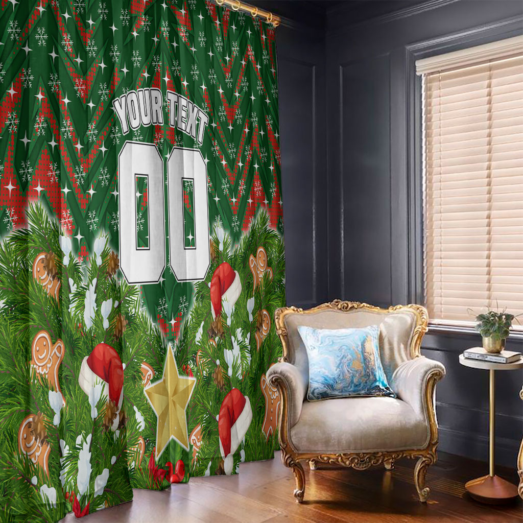 Personalised Rabbitohs Rugby Christmas Window Curtain Santa Rugby Mascot - Pine Wreath Festive